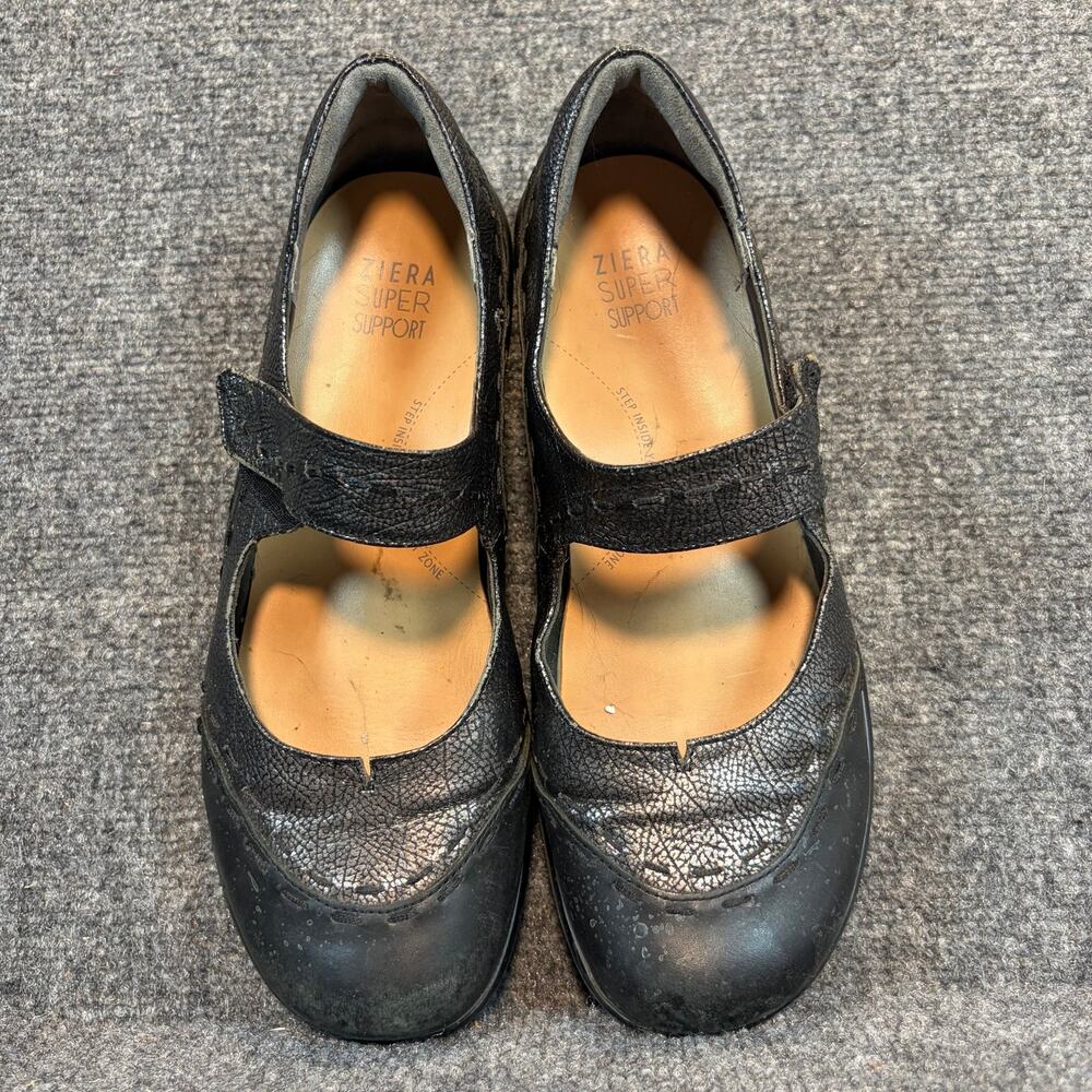 Ziera Black Silver Leather Mary Jane Comfort Walking Shoes Womens 8.5 Support